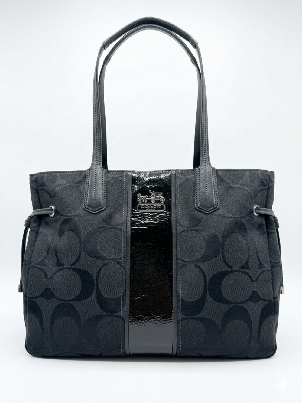 Coach Black Signature Tote with Patent Center Panel